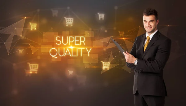 Geschäftsmann Mit Warenkorb Icons Und Aufschrift Super Quality Online Einkaufskonzept — Stockfoto