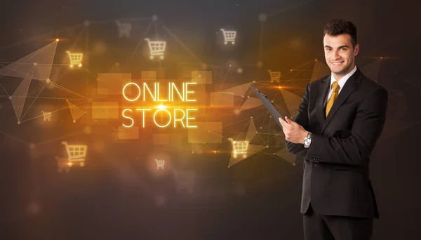 Zakenman Met Winkelwagenpictogrammen Online Store Inscriptie Online Shopping Concept — Stockfoto