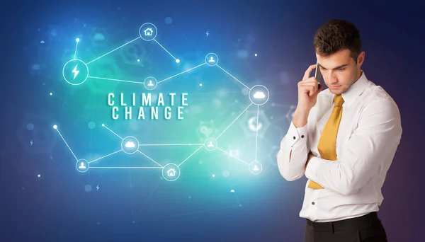 Businessman Front Cloud Service Icons Climate Change Inscription Modern Technology — Stock Photo, Image