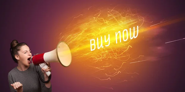 Young Girld Shouting Megaphone Buy Now Inscription Online Shopping Concept — Stock Photo, Image