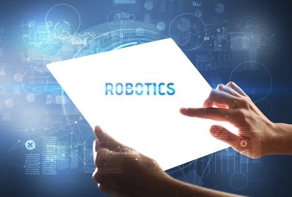 Handgemachtes Futuristisches Tablet Mit Robotics Aufschrift Neues Technologiekonzept — Stockfoto