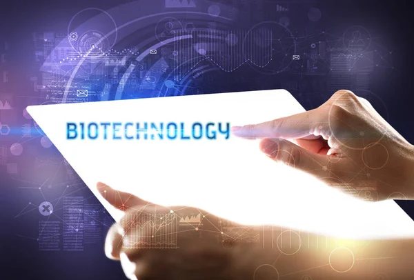 Hand Holdig Futuristic Tablet Biotechnology Inscription New Technology Concept — Stock Photo, Image