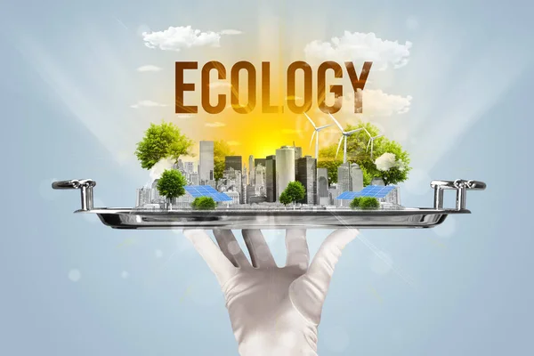 Waiter serving eco city with ECOLOGY inscription, renewabke energy concept