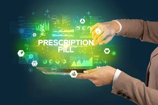 Detailní Záběr Dotykového Displeje Nápisem Prescription Pill Lékařský Koncept — Stock fotografie
