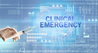 Doktorların yakın plan görüntüsü elinde şırınga tutan beyaz bir eldiven içinde KLINICAL EMERGENCY yazıt, sağlık ve tıbbi konsept