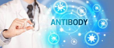 Doktor Antibody yazıtlı ilaç veriyor, koronavirüs konsepti