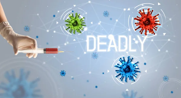 Шприц Медична Єкція Руці Написом Deadly Концепція Вакцини Проти Коронавірусу — стокове фото
