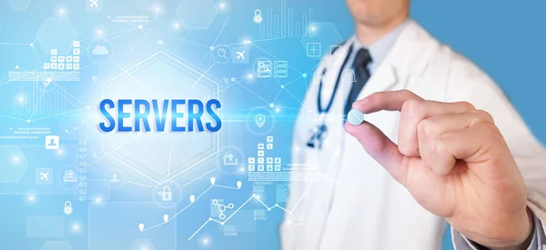 Doctor Giving Pill Servers Inscription New Technology Solution Concept — Stock Photo, Image