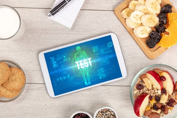 Test Concept Tablet Fruits Top View — Stock Photo, Image