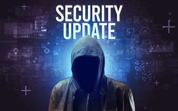 Faceless man with SECURITY UPDATE inscription, online security concept