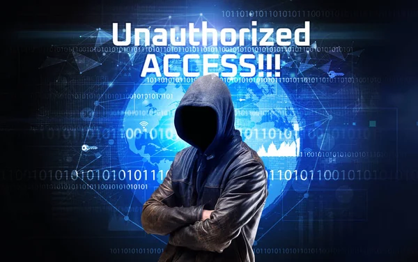 Faceless Hacker Work Unauthorized Access Inscription Computer Security Concept — Stock Photo, Image