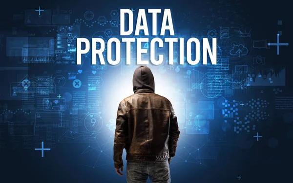 Faceless Man Data Protection Inscription Online Security Concept — Stock Photo, Image