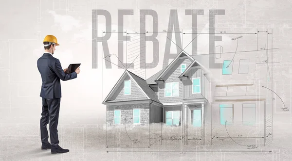Young Engineer Holding Blueprint Rebate Inscription House Planning Concept — Stock Photo, Image