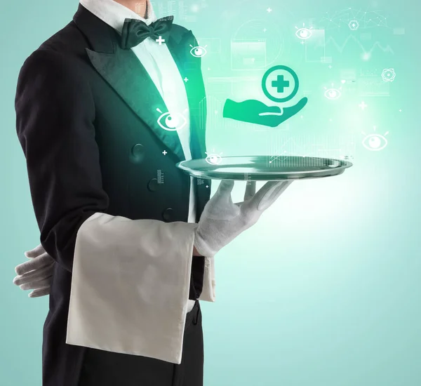 Handsome Young Waiter Tuxedo Holding Tray Healthcare Icons Tray Global — Stock Photo, Image