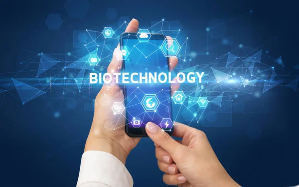 Female Hand Holding Smartphone Biotechnology Inscription Modern Technology Concept — Stock Photo, Image