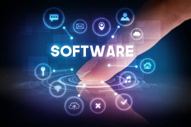 Parmak web teknolojisi simgeleri ve Yazılım yazıt, web teknolojisi kavramı ile tablet dokunmadan