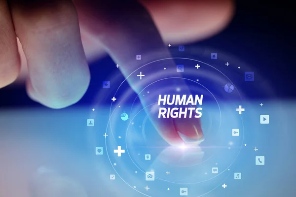 Tableta Para Tocar Dedos Con Iconos Redes Sociales Derechos Humanos — Foto de Stock