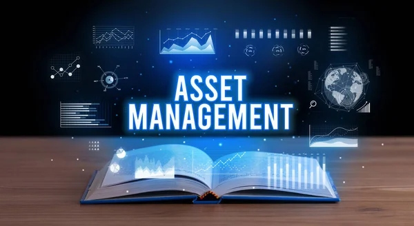 Asset Management Inscrição Saindo Livro Aberto Conceito Negócio Criativo — Fotografia de Stock