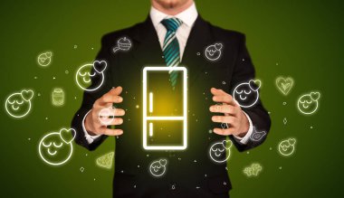 Buzdolabı ikonu, sağlıklı yemek teslimatı konsepti.