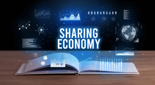 Sharing Economy Inscription Coming Out Open Book Creative Business Concept — Stock Photo, Image