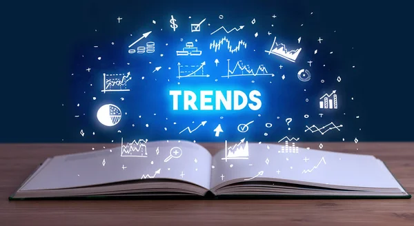 Trends Inscriptie Afkomstig Uit Een Open Boek Business Concept — Stockfoto
