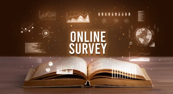 ONLINE SURVEY inscription coming out from an open book, creative business concept
