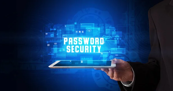 Jovem Empresário Trabalhando Tablet Mostra Sinal Digital Segurança Password — Fotografia de Stock