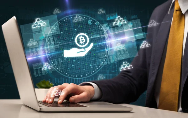 Business Hand Working Stock Market Giving Bitcoin Icons Coming Out — Stock Photo, Image