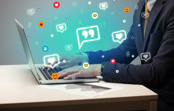 Hand Surfing Social Media Typing Icons Coming Out Screen Networking — Stock Photo, Image