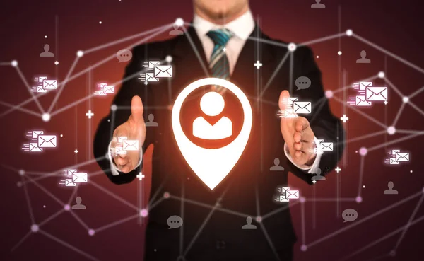 Hand holdig location share icon around his hands, Social networking concept