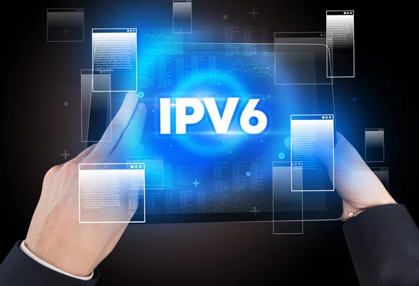 Ipv6略称 近代的な技術の概念を持つハンドヘルドタブレットのクローズアップ — ストック写真
