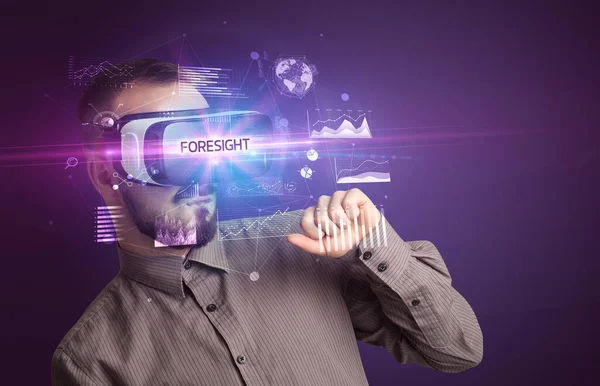 Businessman Looking Virtual Reality Glasses Foresight Inscription New Business Concept — Stock Photo, Image