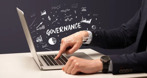 Businessman Working Laptop Governance Inscription Modern Business Concept — Stock Photo, Image