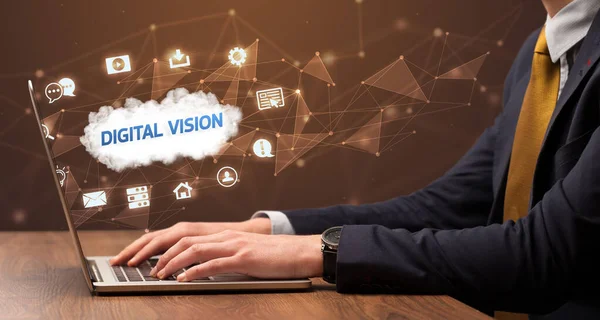 Podnikatel Pracující Notebooku Nápisem Digital Vision Moderní Koncept Technologie — Stock fotografie
