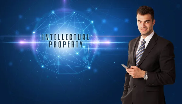 Businessman Thinking Security Solutions Intellectual Property Inscription — Stock Photo, Image