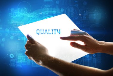 El işi fütüristik tablet, nitelik yazması, yeni teknoloji konsepti.