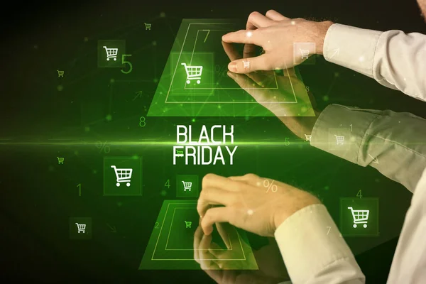 Kara Cuma Yazı Konseptiyle Çevrimiçi Alışveriş Alışveriş Arabası Simgeleri — Stok fotoğraf