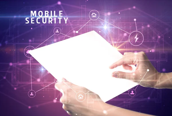 Tenir Tablette Futuriste Avec Inscription Mobile Security Concept Cybersécurité — Photo