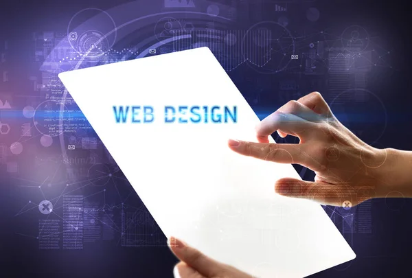 Hand Holdig Futuristic Tablet Web Design Inscription New Technology Concept — Stock Photo, Image