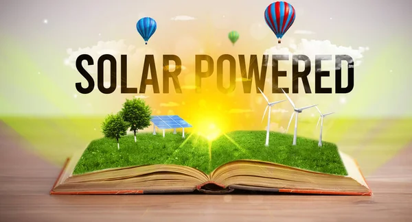 Open Book Solar Powered Inscription Renewable Energy Concept — Stock Photo, Image
