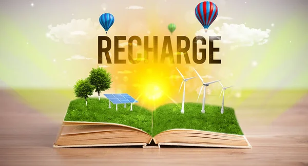 Open book with RECHARGE inscription, renewable energy concept