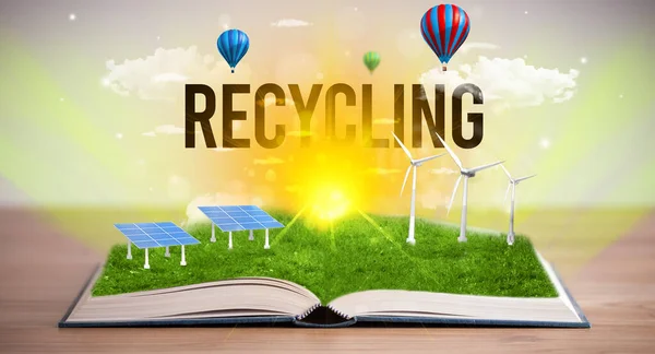 Recycling Yazıtlı Açık Kitap Yenilenebilir Enerji Kavramı — Stok fotoğraf