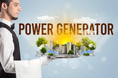 POWER GENERATOR yazıtları ve yenilenen enerji konseptiyle Eko şehrine hizmet eden garson.