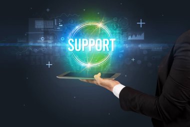 SUPPORT yazıtlı bir dokunmatik ekran yakın plan, yeni teknoloji kavramı