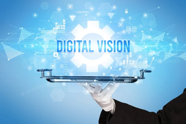 Waiter Serving New Technology Concept Digital Vision Inscription — Stock Photo, Image