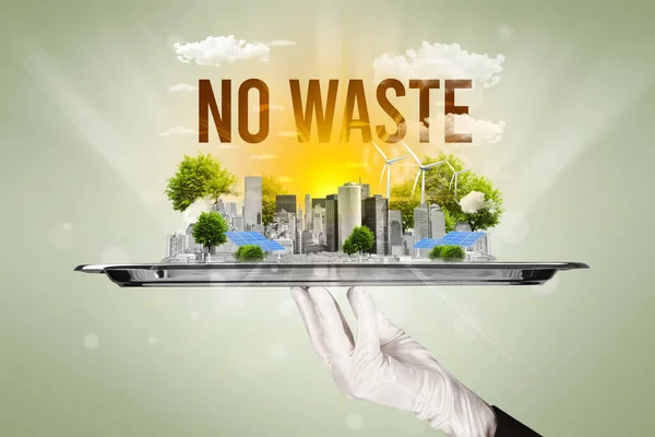 Waiter Serving Eco City Waste Inscription Renewabke Energy Concept — Stock Photo, Image