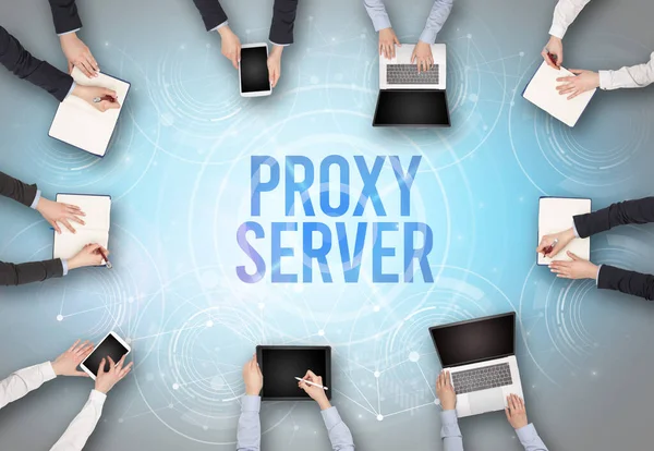 Groupe Personnes Devant Ordinateur Portable Avec Insciption Proxy Server Concept — Photo