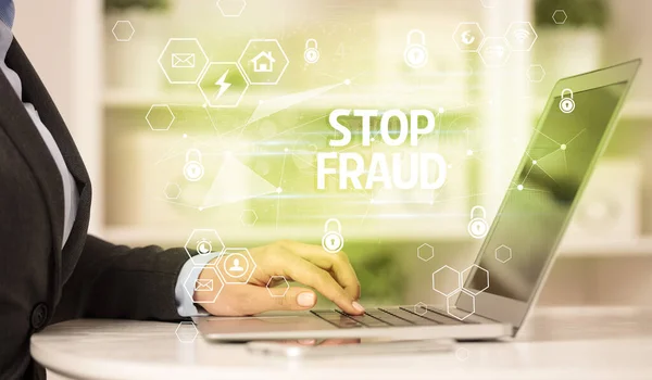 Stop Fraud Felirat Laptopon Internet Biztonsági Adatvédelmi Koncepció Blockchain Kiberbiztonság — Stock Fotó