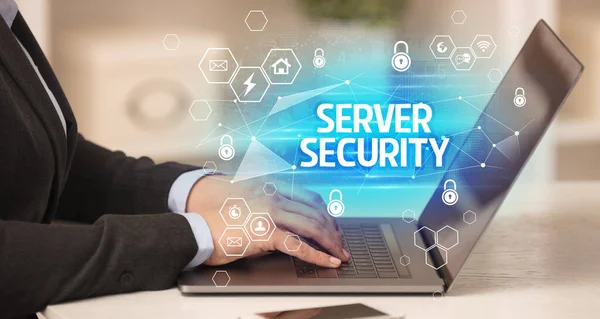 Надпись Server Security Ноутбуке Концепция Интернет Безопасности Защиты Данных Блокчейн — стоковое фото