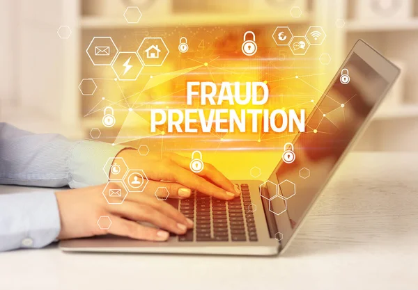 Fraud Prevention Inscription Laptop Internet Security Data Protection Concept Blockchain — Stock Photo, Image